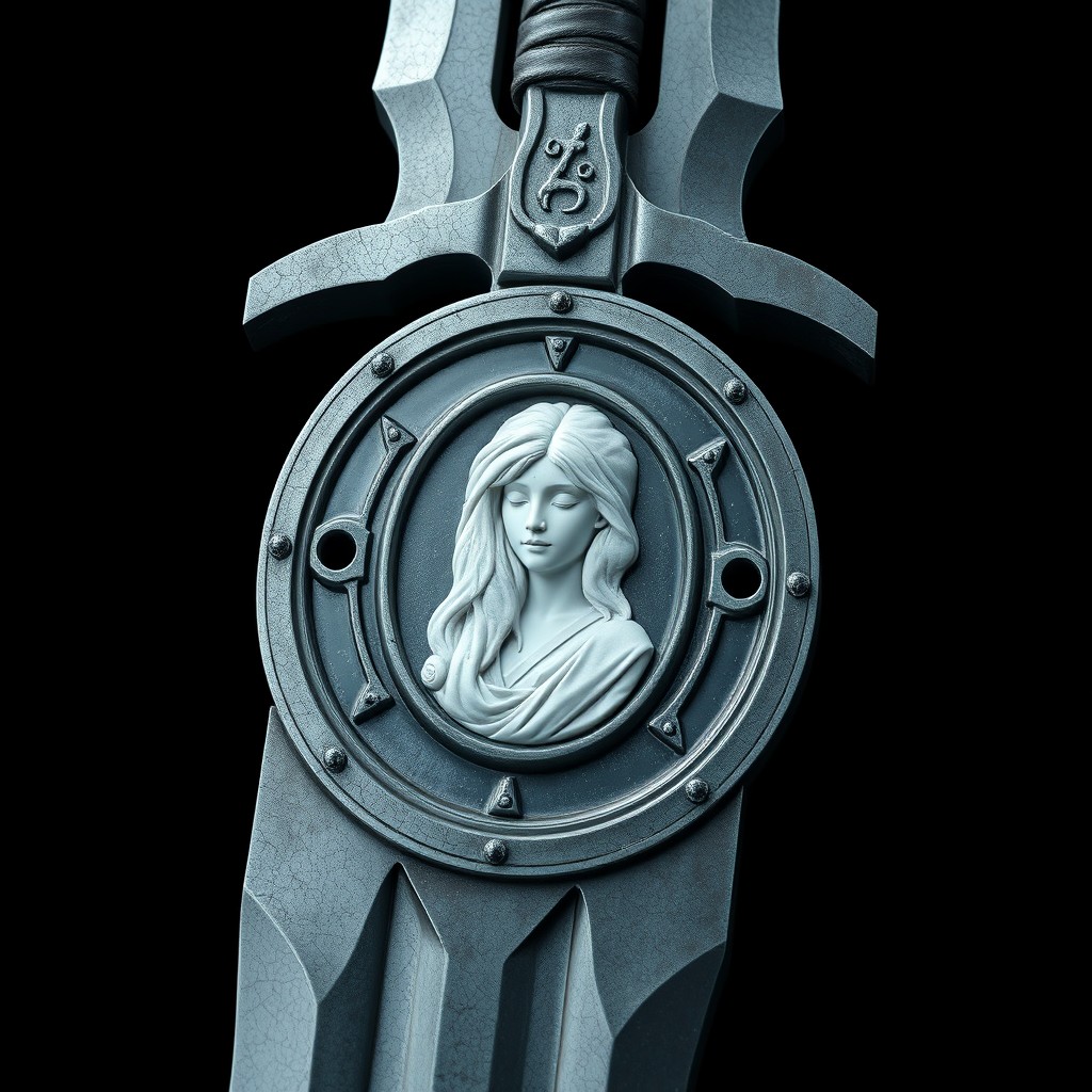 A colossal two-handed sword, remarkable in size (210 cm in length, 100 kg in weight), forged from metal with an icy hue that appears to be carved from the very ice of the polar night