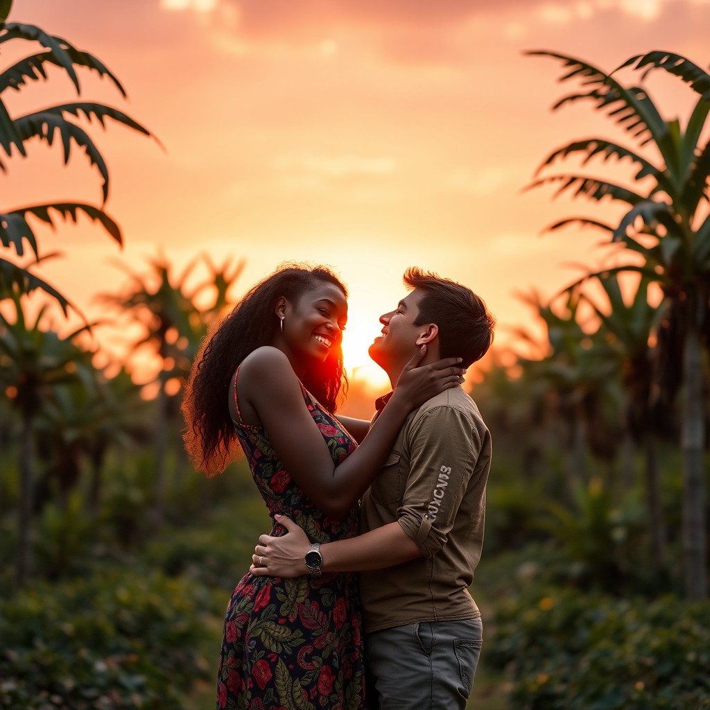 A 19-year-old Ivorian girl from the 1960s and a 22-year-old white French boy, lovingly embracing each other in an idyllic cocoa plantation at sunset