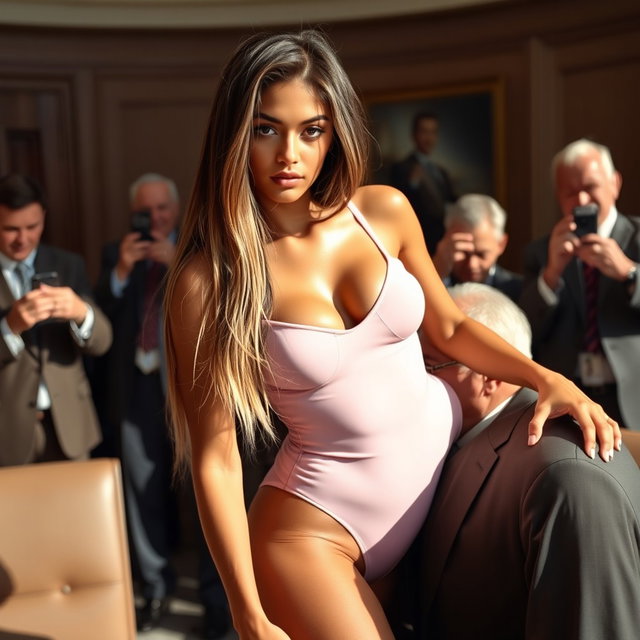 A breathtaking young Arabic woman, around 18 years old, with an ultra-thin and petite figure showcasing delicate breasts, a tiny waist, and notably wide hips