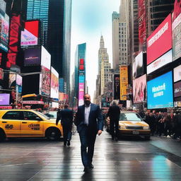 Sherdil Mamarjabov walking in Times Square, surrounded by the bright LED billboards, bustling crowd, and vibrant city life of New York.