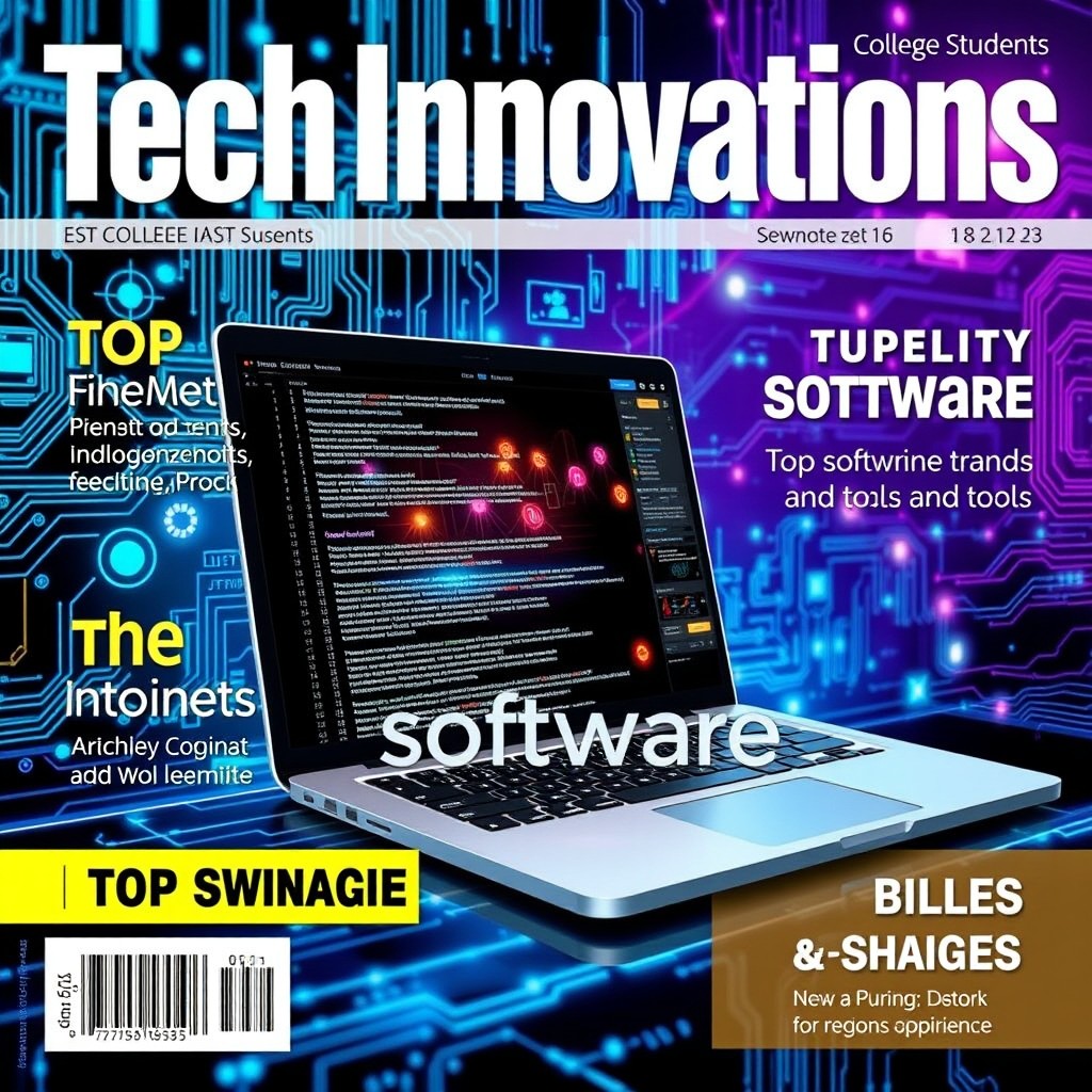 A visually striking magazine cover focusing on software and technology for college students