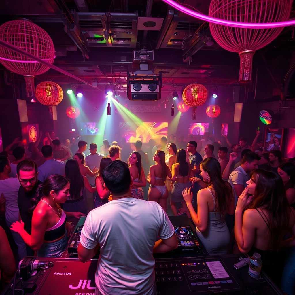 A vibrant nightclub scene featuring people dancing energetically, despite a backdrop of dull, soulless dance music coming from the DJ booth