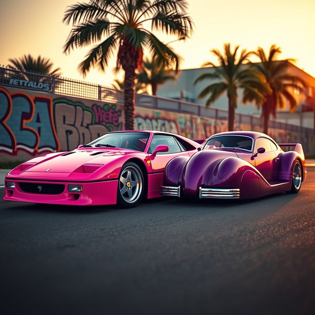 A vibrant and stylish profile picture showcasing a pink Ferrari F40 and a purple lowrider parked together in an urban setting