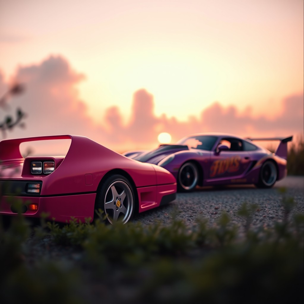 Aesthetic profile picture featuring a pink Ferrari F40 and a purple lowrider elegantly displayed together in a visually captivating scene
