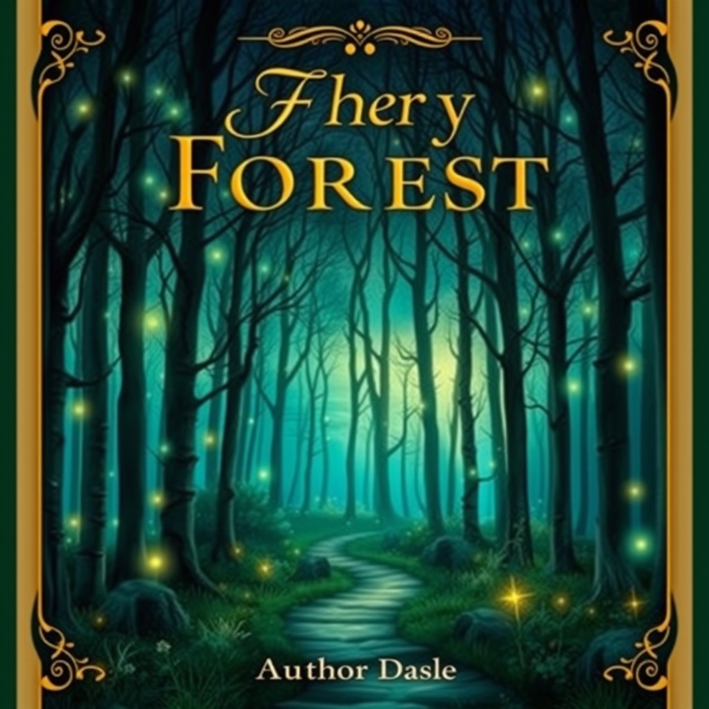 A captivating book cover design featuring a mystical forest at twilight