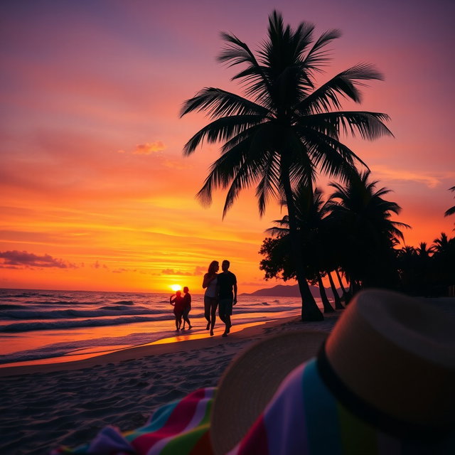 A vibrant and engaging Instagram post featuring a picturesque sunset over a serene beach with gentle waves lapping at the shore