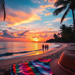 A vibrant and engaging Instagram post featuring a picturesque sunset over a serene beach with gentle waves lapping at the shore
