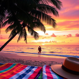 A vibrant and engaging Instagram post featuring a picturesque sunset over a serene beach with gentle waves lapping at the shore