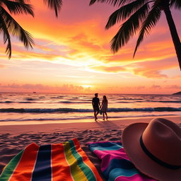 A vibrant and engaging Instagram post featuring a picturesque sunset over a serene beach with gentle waves lapping at the shore