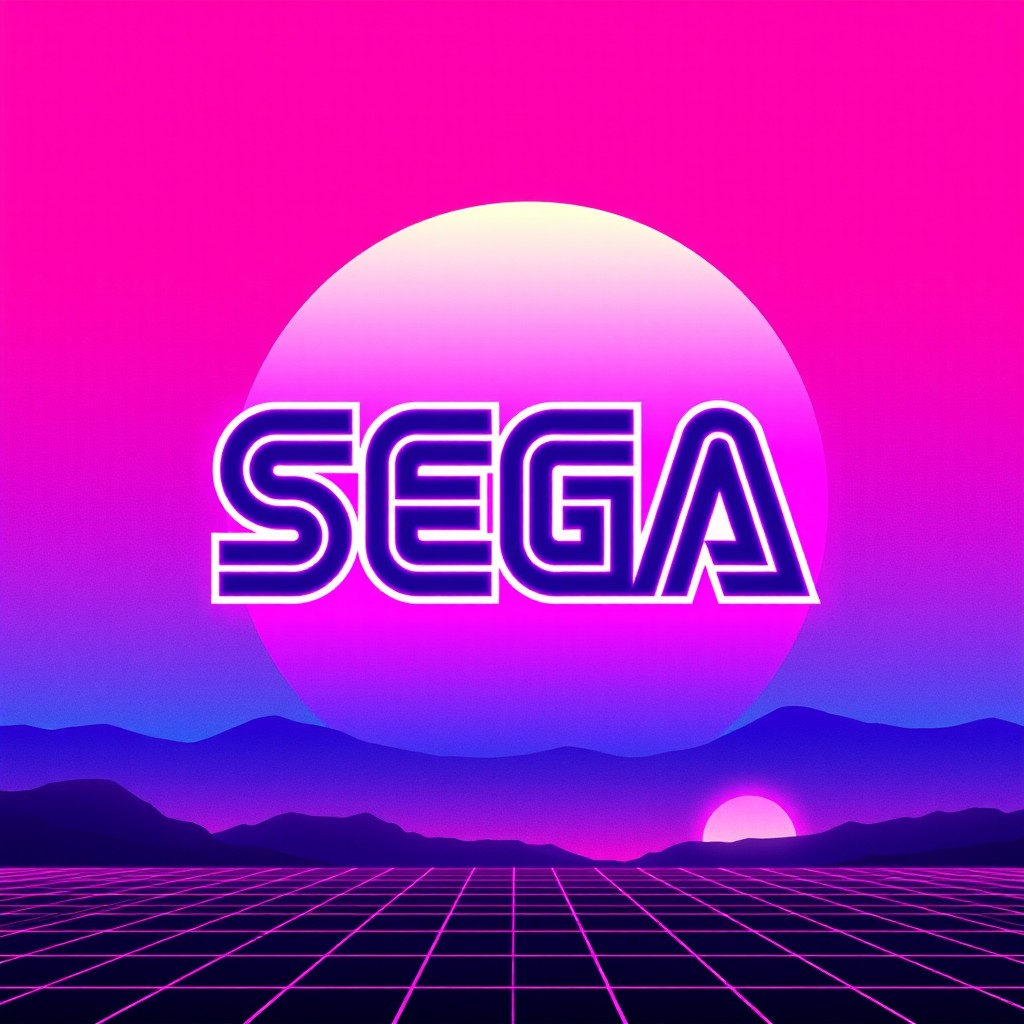 A vibrant retro synthwave sunset background with vivid pink and purple hues, featuring the iconic Sega logo prominently displayed in a bold, stylish font