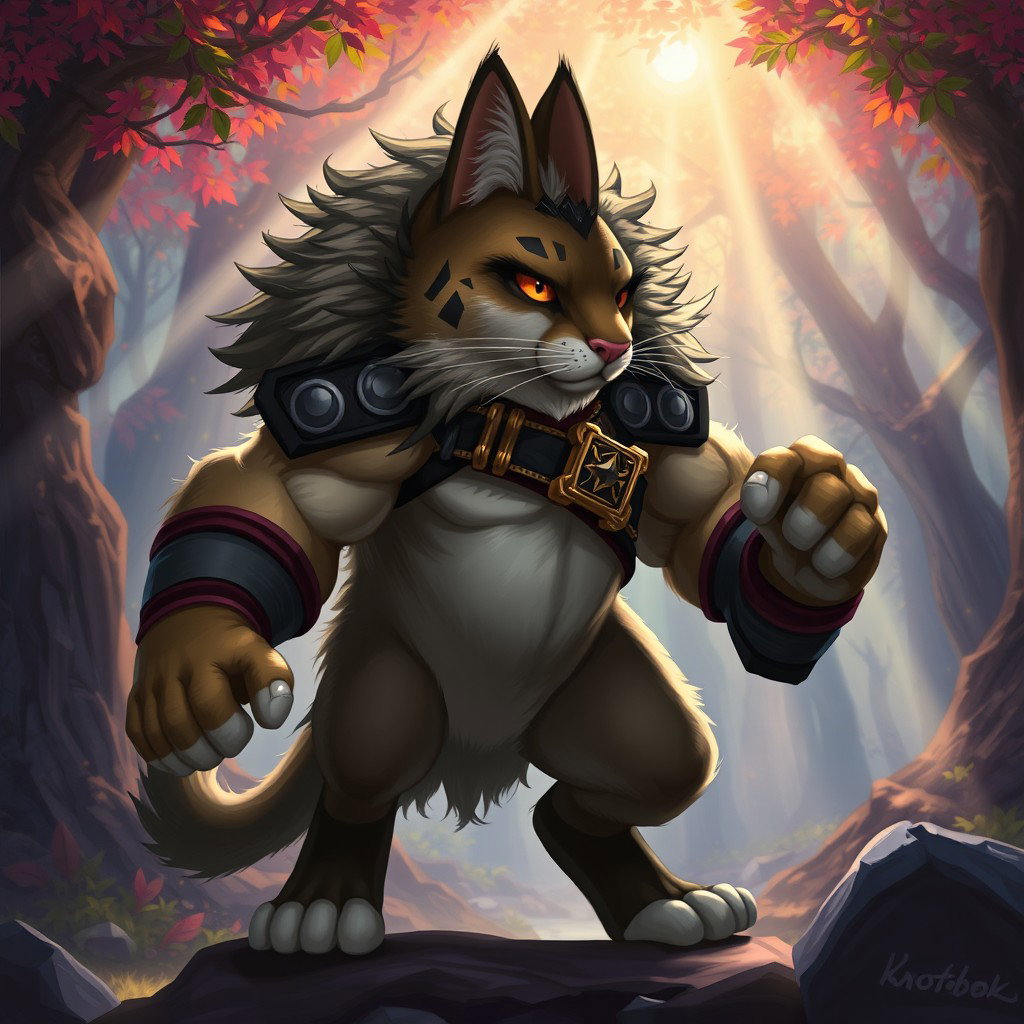 An artistic depiction of a warrior cat, named Krotobok, illustrated in a fierce and dynamic pose, showcasing its muscular build and fluffy coat