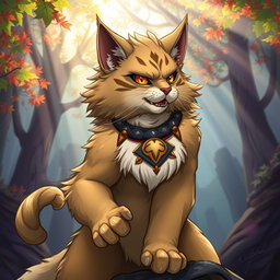 An artistic depiction of a warrior cat, named Krotobok, illustrated in a fierce and dynamic pose, showcasing its muscular build and fluffy coat