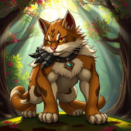 An artistic depiction of a warrior cat, named Krotobok, illustrated in a fierce and dynamic pose, showcasing its muscular build and fluffy coat