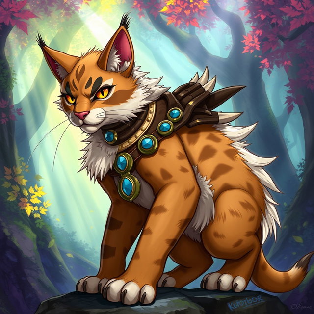 An artistic depiction of a warrior cat, named Krotobok, illustrated in a fierce and dynamic pose, showcasing its muscular build and fluffy coat