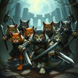 A group of fierce warrior cats in battle-ready poses, showcasing their unique armor and battle gear