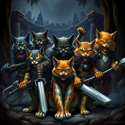 A group of fierce warrior cats in battle-ready poses, showcasing their unique armor and battle gear