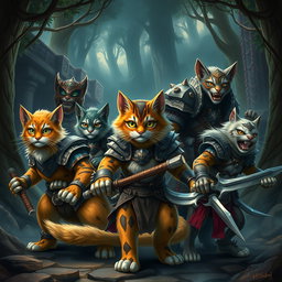 A group of fierce warrior cats in battle-ready poses, showcasing their unique armor and battle gear