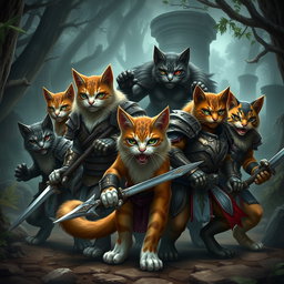 A group of fierce warrior cats in battle-ready poses, showcasing their unique armor and battle gear