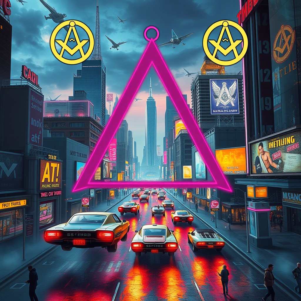 A futuristic cityscape featuring flying cars, designed in the style of the 1980s