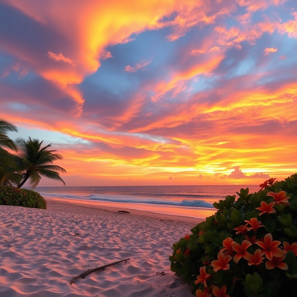 A breathtaking sunset at a serene beach, with soft sand and gentle waves lapping at the shore