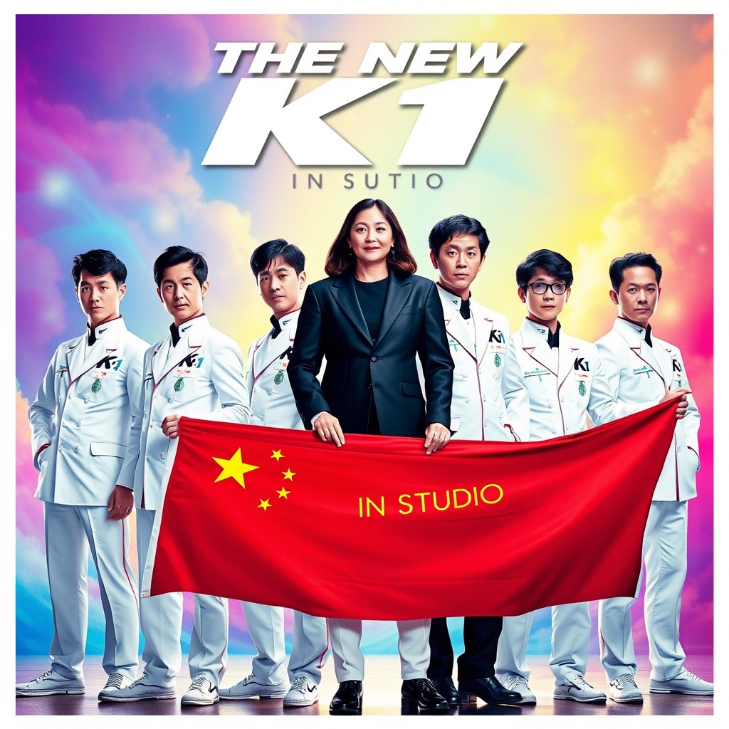 A captivating movie poster featuring five men and one woman in stylish white uniforms emblazoned with the text 'K1'