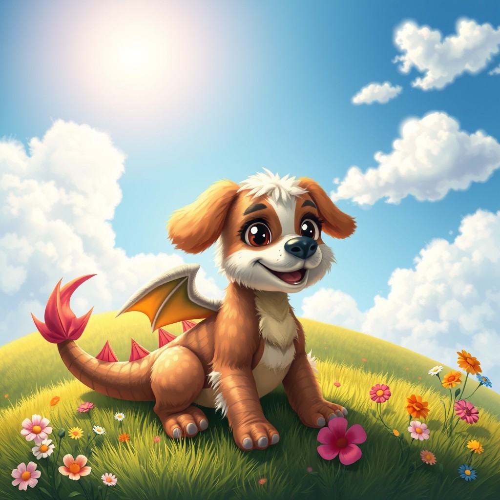 A whimsical scene featuring a mix between a dog and a dragon, showcasing a friendly creature with fluffy fur and vibrant dragon-like scales, large playful eyes, and a wagging tail