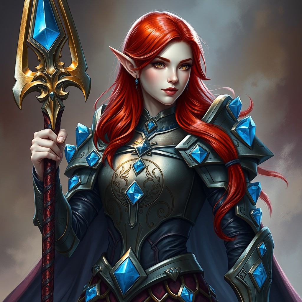 A Supreme Elf Priestess of the Domain of War, wielding a warrior's weapon and adorned in heavy armor embellished with blue crystals
