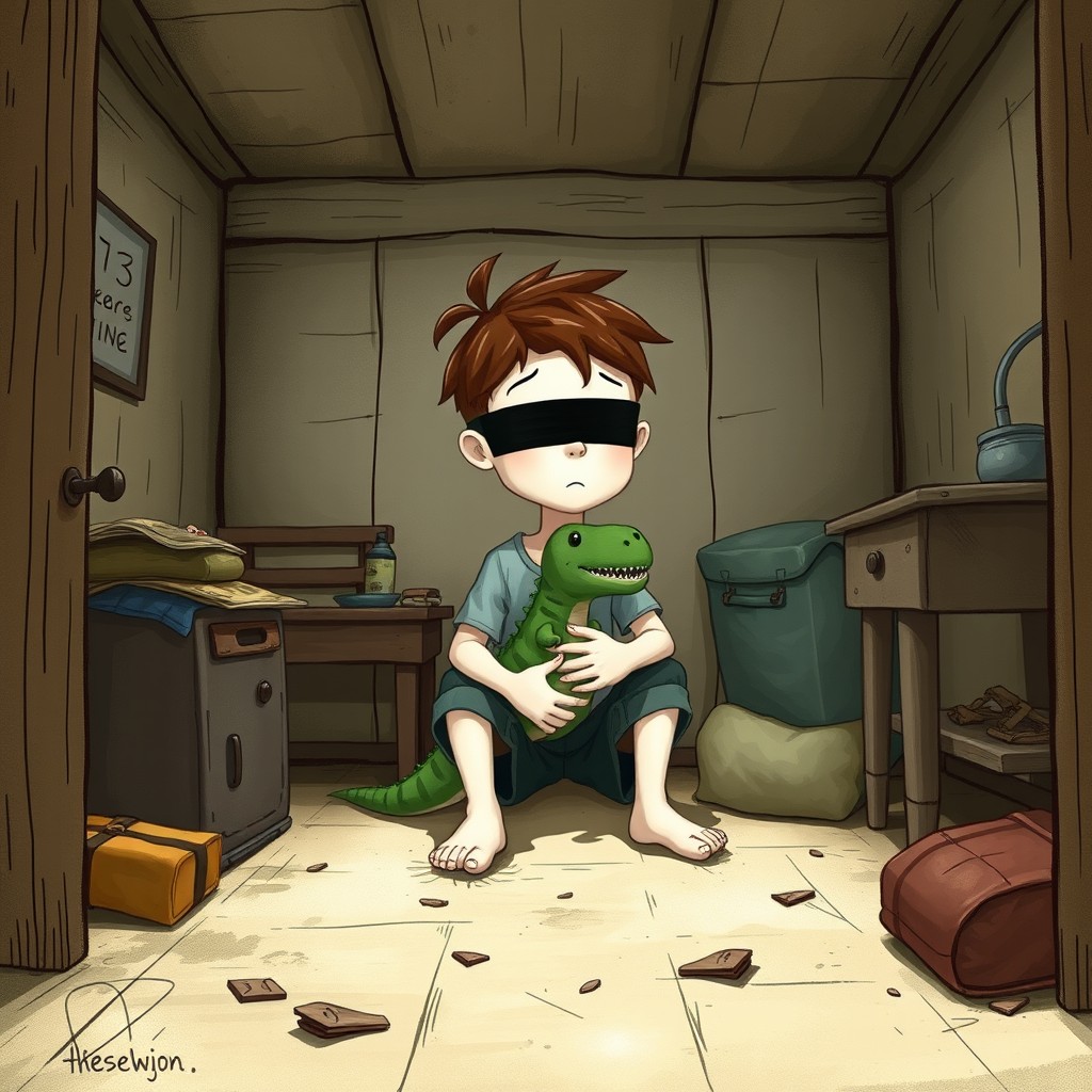 A 2D book cover illustration featuring a 6-year-old blind boy sitting despondently in his room, which resembles a small shed