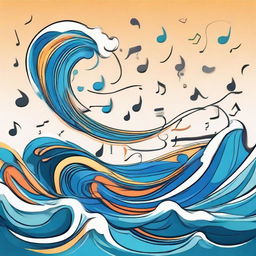 A vivid cartoon drawing of waves transformed into music notes, symbolizing the rhythm and harmony of music. A scene where the ocean waves meet the melody.