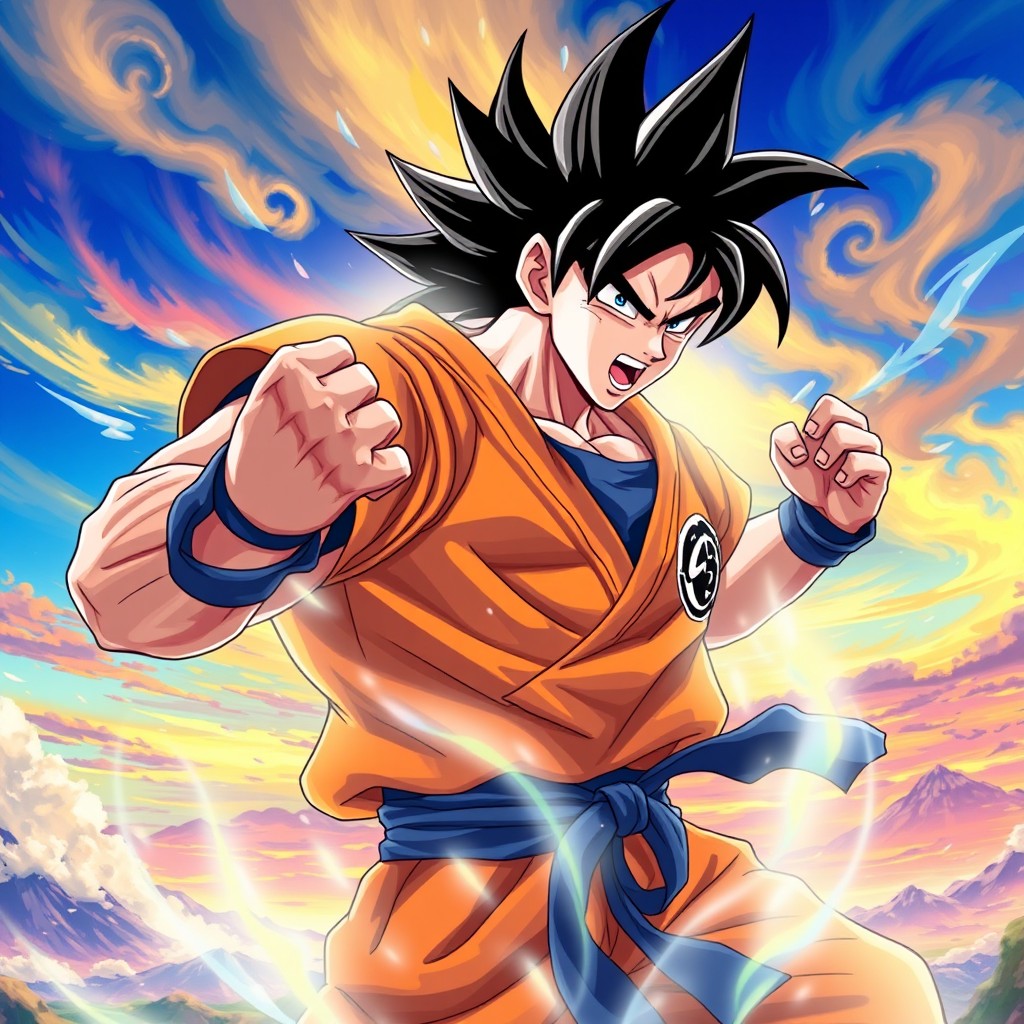 A dynamic scene featuring a powerful and muscular character with spiky black hair, wearing an orange gi with a blue undershirt