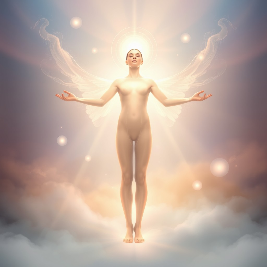 An ethereal depiction of the harmony between body and spirit, showcasing a radiant figure standing with arms wide open, surrounded by an aura of light
