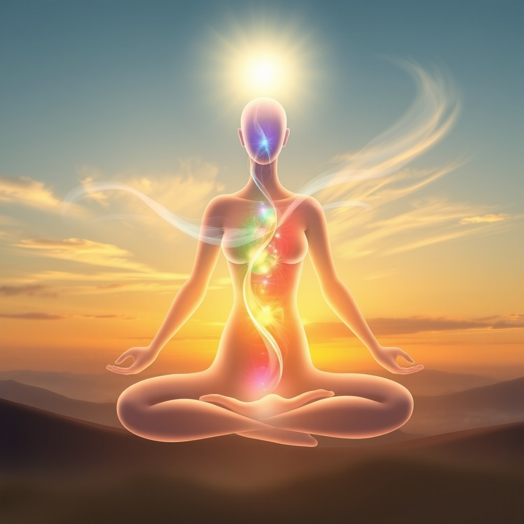 A serene and harmonious representation of body and spirit, showcasing a human figure in a meditative pose surrounded by a soft, ethereal glow