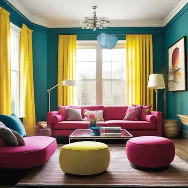 The use of vibrant colors in the living room design adds an element of unorthodoxy to the overall aesthetic.