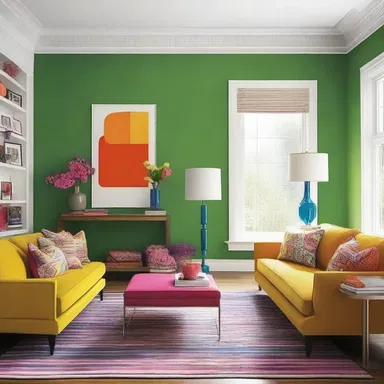 The use of vibrant colors in the living room design adds an element of unorthodoxy to the overall aesthetic.