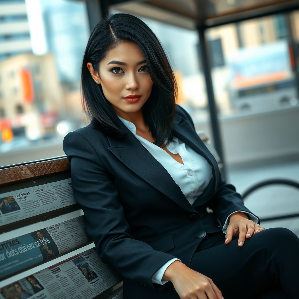 A high-end, ultra-realistic image of a beautiful woman dressed in elegant business attire, sitting on a newspaper bench, showcasing her natural features