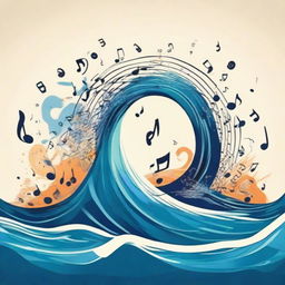 A vivid cartoon drawing of waves transformed into music notes, symbolizing the rhythm and harmony of music. A scene where the ocean waves meet the melody.