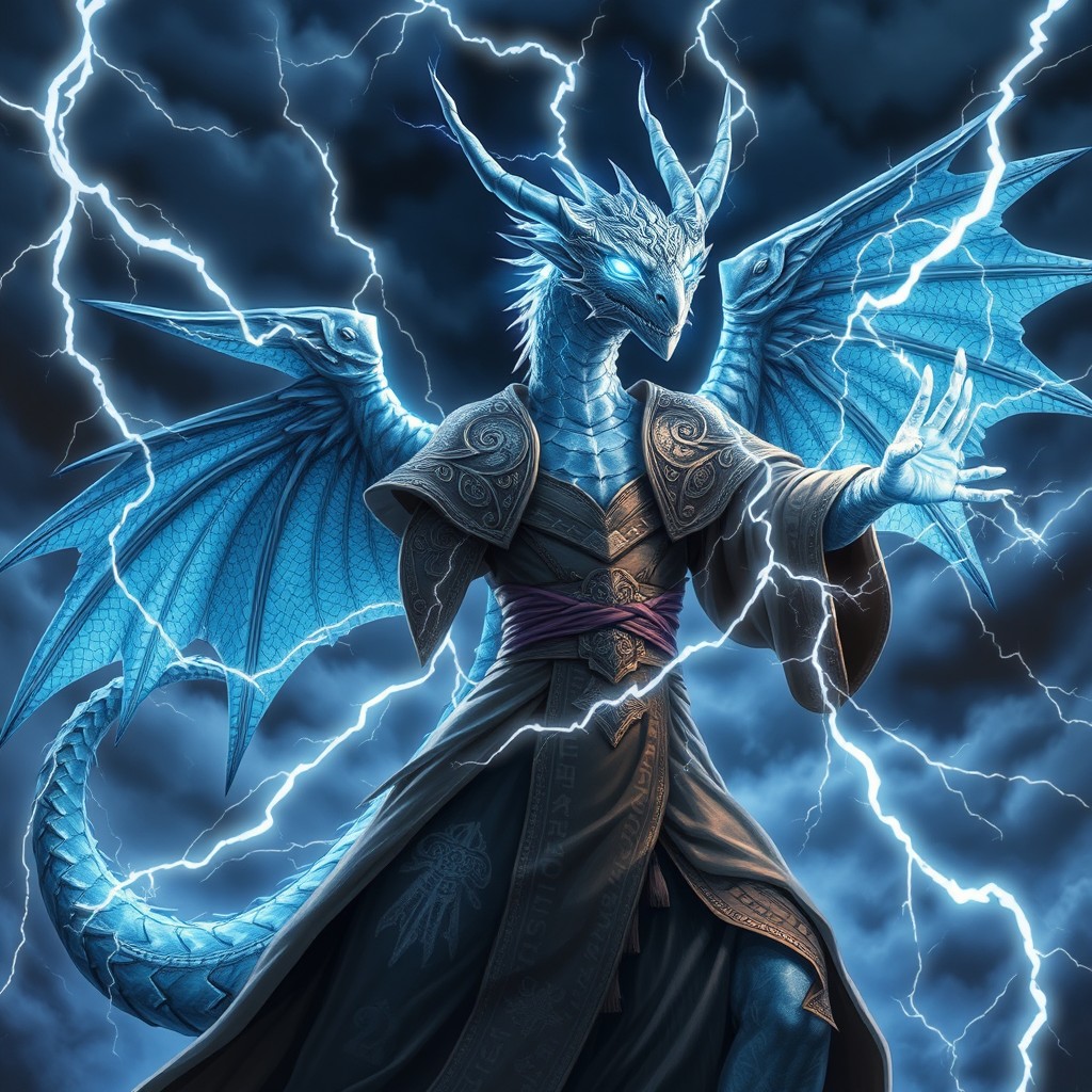 A powerful lightning drakona sorcerer casting a spell amidst a stormy sky