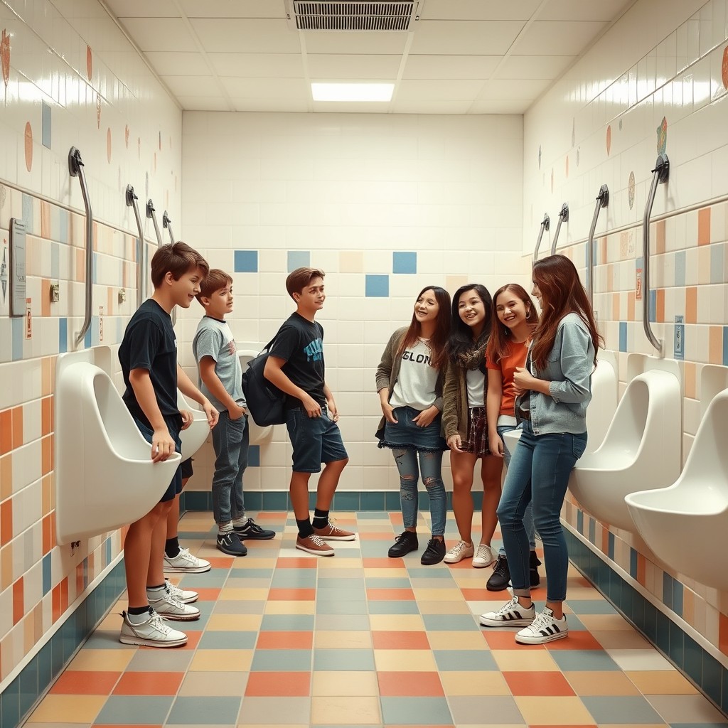 A humorous scene featuring a group of boys using urinals in a public restroom, while a group of girls looks on with amused expressions