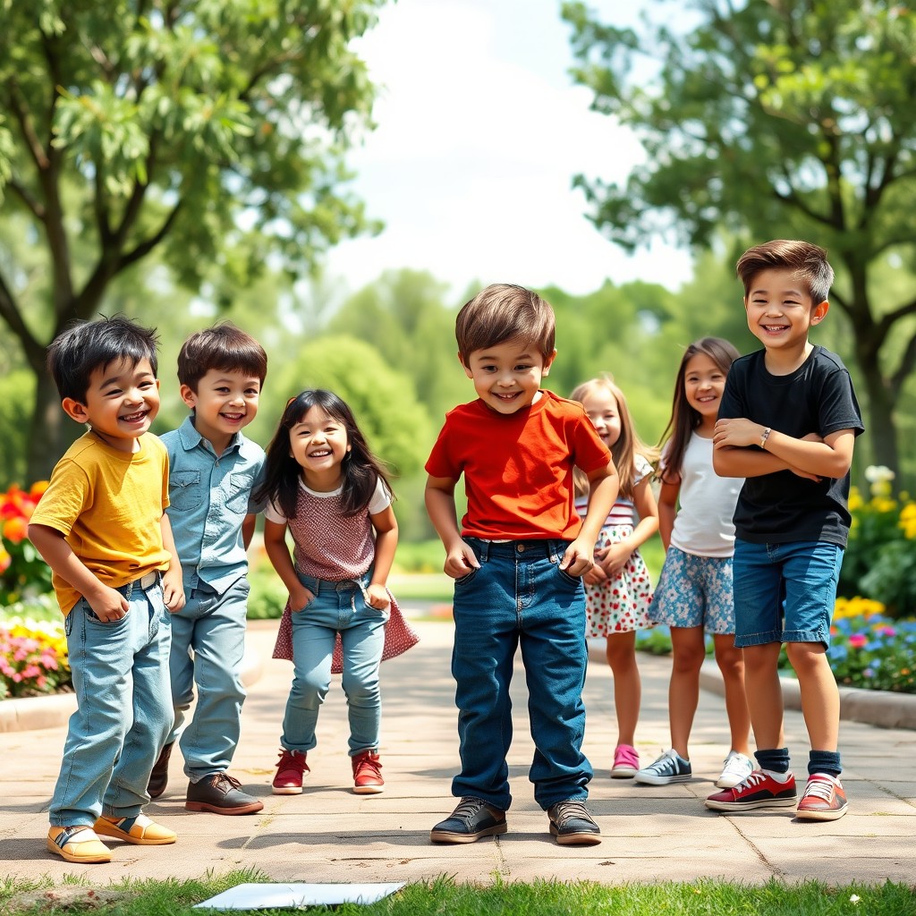 A humorous scene depicting a group of boys playfully pulling down their pants and pretending to pee in front of a group of laughing girls
