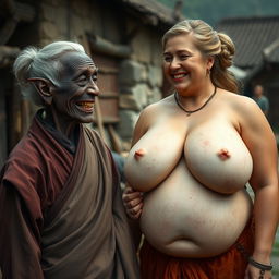 In a medieval village, an elderly black woman with deep dark skin, very short stature, and a malnourished appearance has crooked teeth and elf-like ears