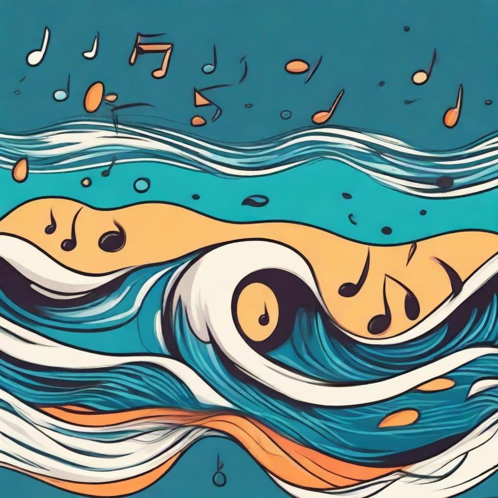 A vivid cartoon drawing of waves transformed into music notes, symbolizing the rhythm and harmony of music. A scene where the ocean waves meet the melody.