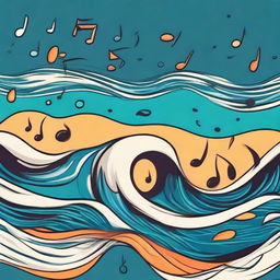 A vivid cartoon drawing of waves transformed into music notes, symbolizing the rhythm and harmony of music. A scene where the ocean waves meet the melody.