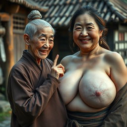 In a medieval village, an elderly Chinese woman, short and emaciated with sharp, decayed teeth, is dressed in a long, fully-closed Buddhist robe