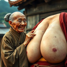 In a medieval village, an elderly Chinese woman, short and emaciated with sharp, decayed teeth, is dressed in a long, fully-closed Buddhist robe