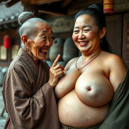 In a medieval village, an elderly Chinese woman, short and emaciated with sharp, decayed teeth, is dressed in a long, fully-closed Buddhist robe