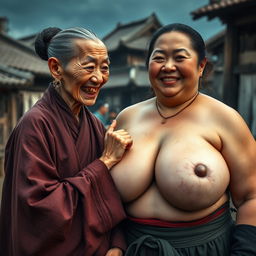 In a medieval village, an elderly Chinese woman, short and emaciated with sharp, decayed teeth, is dressed in a long, fully-closed Buddhist robe