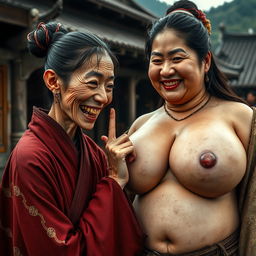 In a medieval village, a young Chinese woman, short and emaciated with sharp, decayed teeth, dressed in a long, fully-closed Buddhist robe with her hair styled in a traditional Tang dynasty bun, adorned with medieval earrings