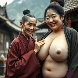 In a medieval village, a young Chinese woman, short and emaciated with sharp, decayed teeth, dressed in a long, fully-closed Buddhist robe with her hair styled in a traditional Tang dynasty bun, adorned with medieval earrings