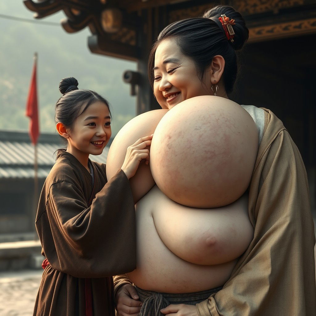 In a medieval Chinese village setting, depict a young, short, malnourished Chinese woman with crooked teeth, dressed in a fully closed long Buddhist robe