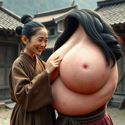 In a medieval Chinese village setting, depict a young, short, malnourished Chinese woman with crooked teeth, dressed in a fully closed long Buddhist robe